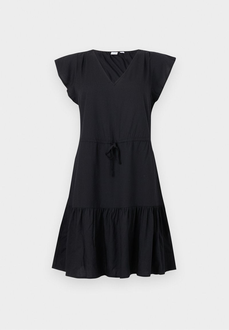 Schwarzes Kurzarmkleid mit V-Ausschnitt, tailliertem Oberteil, Kordelzug in der Taille und schwingendem, gestuftem Rock. Hergestellt aus leichtem Stoff.
