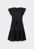 Schwarzes Kurzarmkleid mit V-Ausschnitt, tailliertem Oberteil, Kordelzug in der Taille und schwingendem, gestuftem Rock. Hergestellt aus leichtem Stoff.