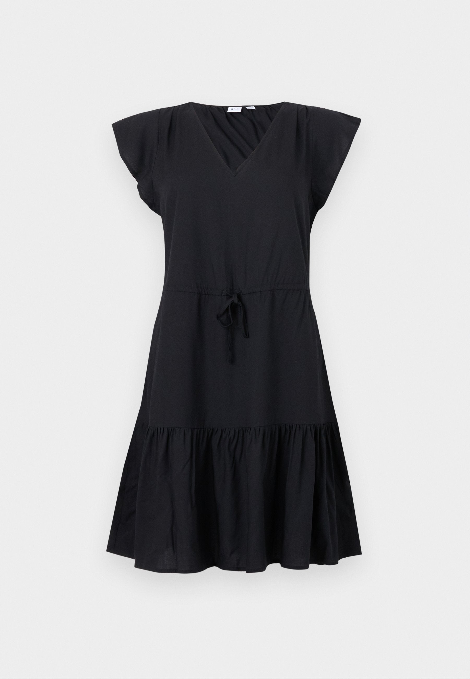 Schwarzes Kurzarmkleid mit V-Ausschnitt, tailliertem Oberteil, Kordelzug in der Taille und schwingendem, gestuftem Rock. Hergestellt aus leichtem Stoff.