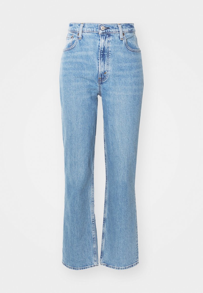 Helleblaue High-Waist-Jeans mit weitem Bein. Hergestellt aus Denim, mit fünf Taschen und einer Knopfverschlussleiste. Ausgewaschene Textur.