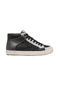 Schwarze und silberne Leder-Hochtop-Sneaker mit Glitzerelementen an der Seite, strukturiertem Zehenbereich und einer weißen Gummisohle.