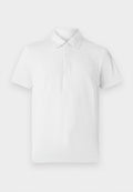 Weißes Poloshirt mit kurzen Ärmeln, das ein kleines geometrisches Muster aufweist, drei Knöpfe am Kragen hat und eine klassische Passform bietet. Hergestellt aus atmungsaktivem Stoff.