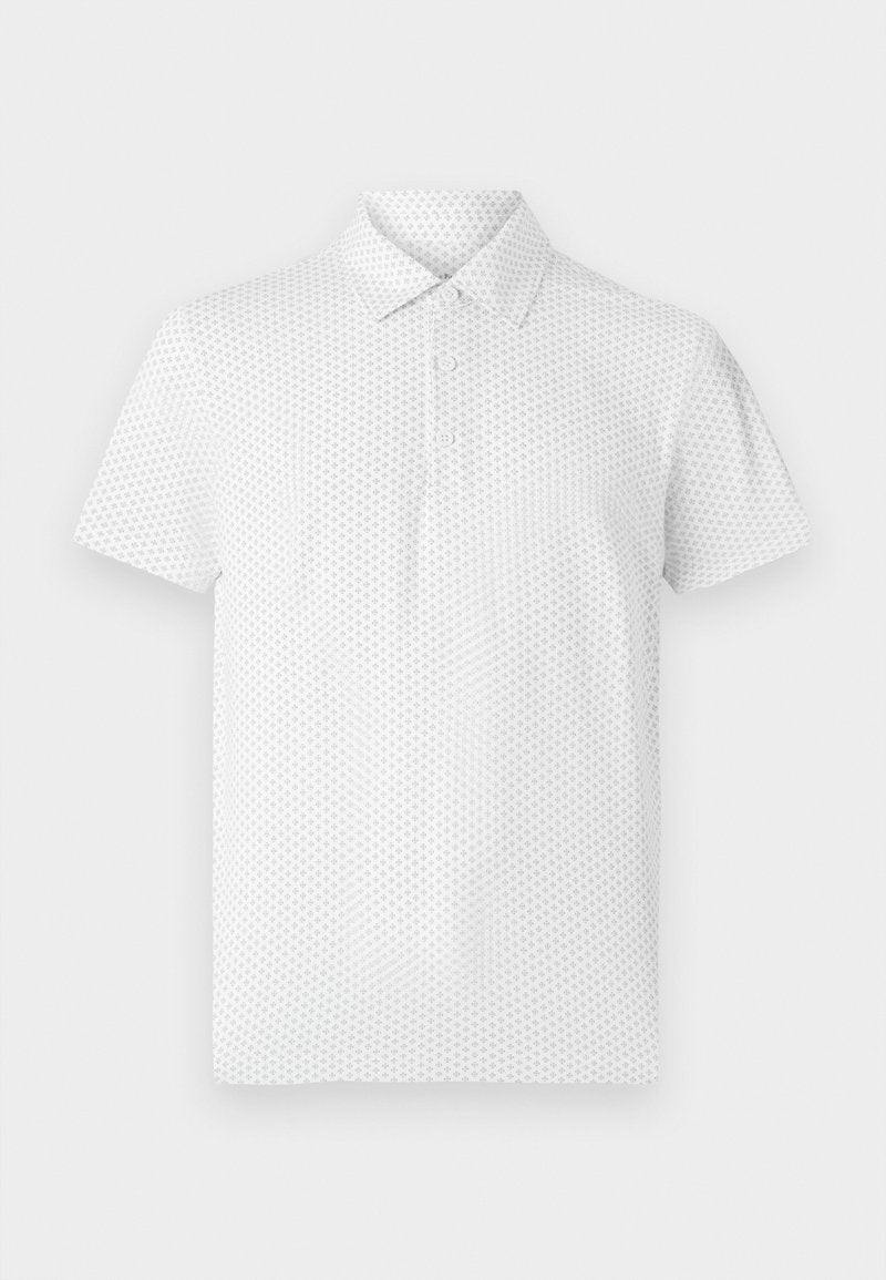 Weißes Poloshirt mit kurzen Ärmeln, das ein kleines geometrisches Muster aufweist, drei Knöpfe am Kragen hat und eine klassische Passform bietet. Hergestellt aus atmungsaktivem Stoff.