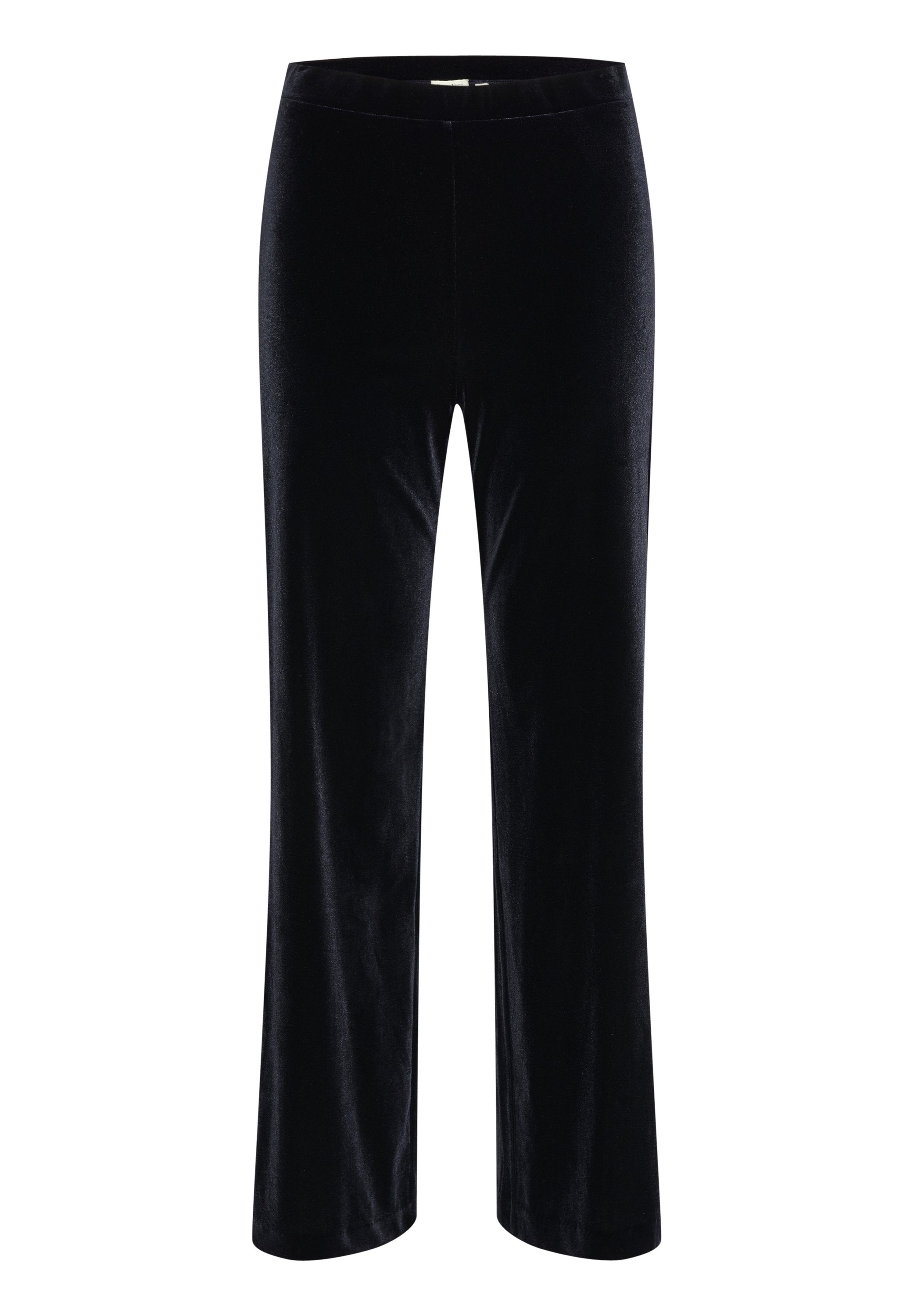 Schwarze Samthose mit glatter Textur, geradem Bein-Design und elastischem Bund für zusätzlichen Komfort.