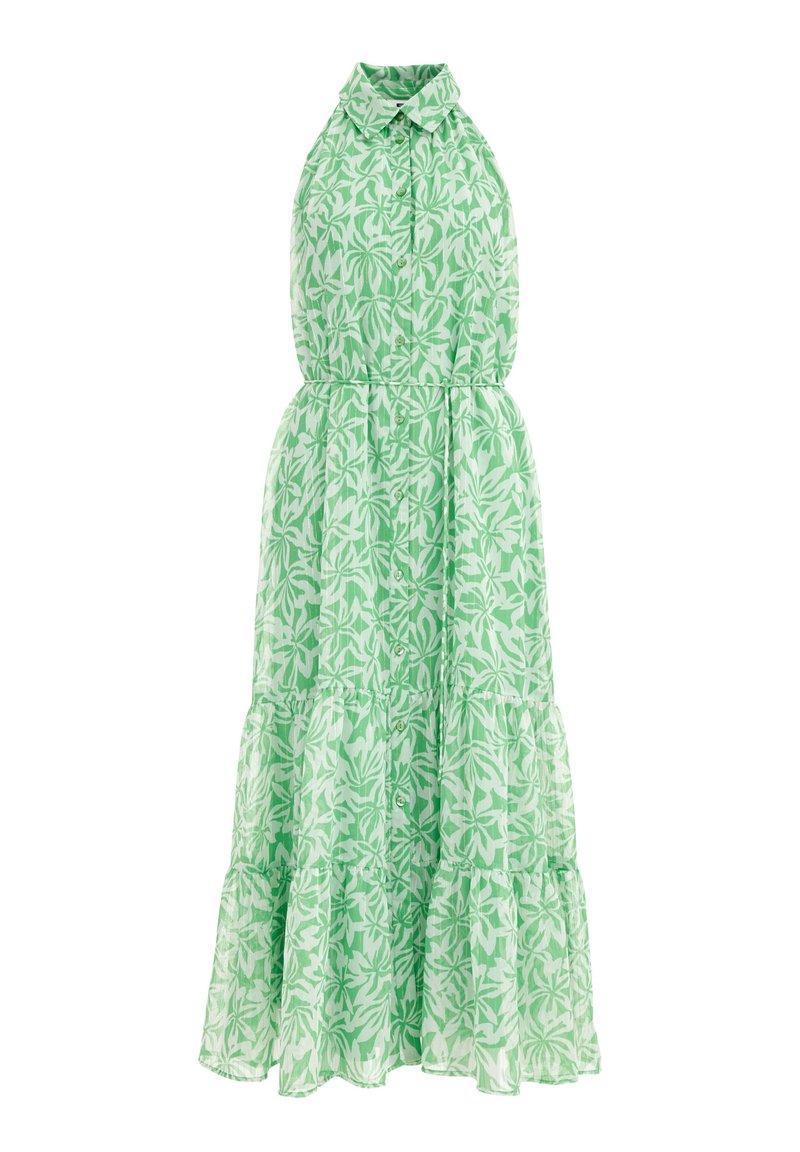 Grünes Maxikleid aus leichtem Stoff mit einem Blättermuster. Es verfügt über einen Kragen, einen Knopfverschluss vorne und einen gestuften Rüschensaum für zusätzliche Textur.