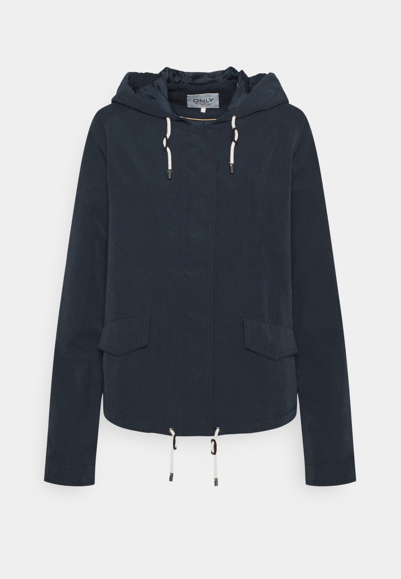 Marineblaues Leichtgewicht-Jackett mit Kapuze, verstellbaren Kordelzügen, zwei Fronttaschen und einer glatten Textur. Einfaches Design mit minimalen Akzenten.