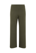 Olivegrüne weit geschnittene Hose aus einem weichen, dehnbaren Stoff mit einem unterstützenden Bund und ohne sichtbare Verschlüsse oder Taschen.