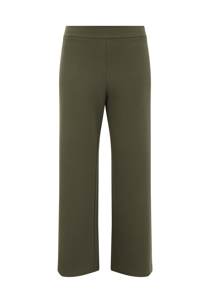 Olivegrüne weit geschnittene Hose aus einem weichen, dehnbaren Stoff mit einem unterstützenden Bund und ohne sichtbare Verschlüsse oder Taschen.