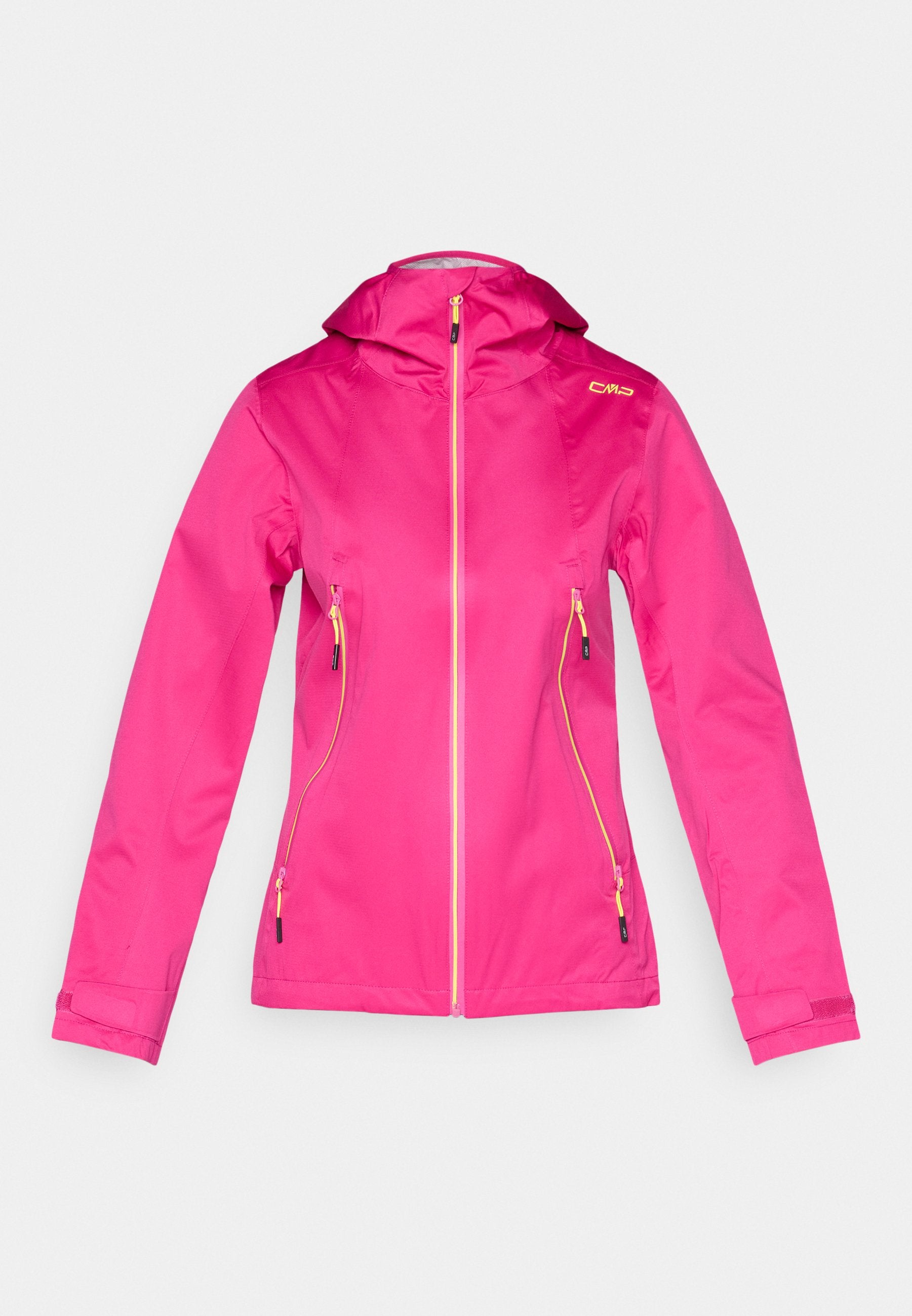 Hellpink Damen Outdoorjacke mit Kapuze, Frontreißverschluss, zwei Reißverschlusstaschen und verstellbaren Handgelenksriemen, flach auf weißem Hintergrund liegend.
