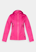Hellpink Damen Outdoorjacke mit Kapuze, Frontreißverschluss, zwei Reißverschlusstaschen und verstellbaren Handgelenksriemen, flach auf weißem Hintergrund liegend.