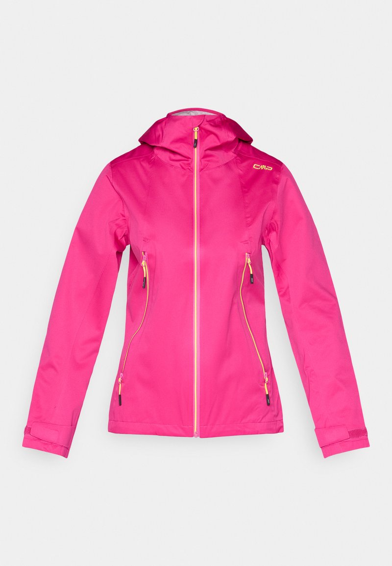 Hellpink Damen Outdoorjacke mit Kapuze, Frontreißverschluss, zwei Reißverschlusstaschen und verstellbaren Handgelenksriemen, flach auf weißem Hintergrund liegend.