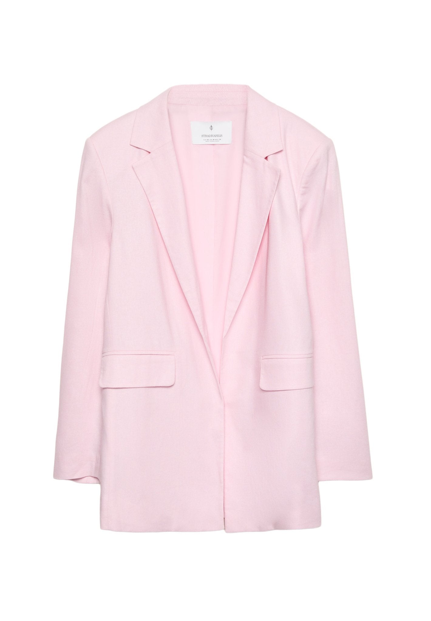 Helles rosa Blazer mit Reverskragen, offener Front und zwei vorderen Taschen. Hergestellt aus einem weichen Stoff mit glatter Textur.