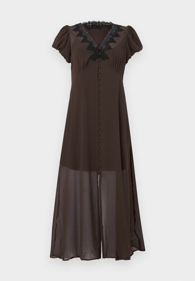 Braunes Kleid mit Puffärmeln, Spitzen-V-Ausschnitt, Knopfleiste vorne und transparentem unteren Saum. Verfügt über aufwendige Spitzenverzierungen und ein fließendes Design.