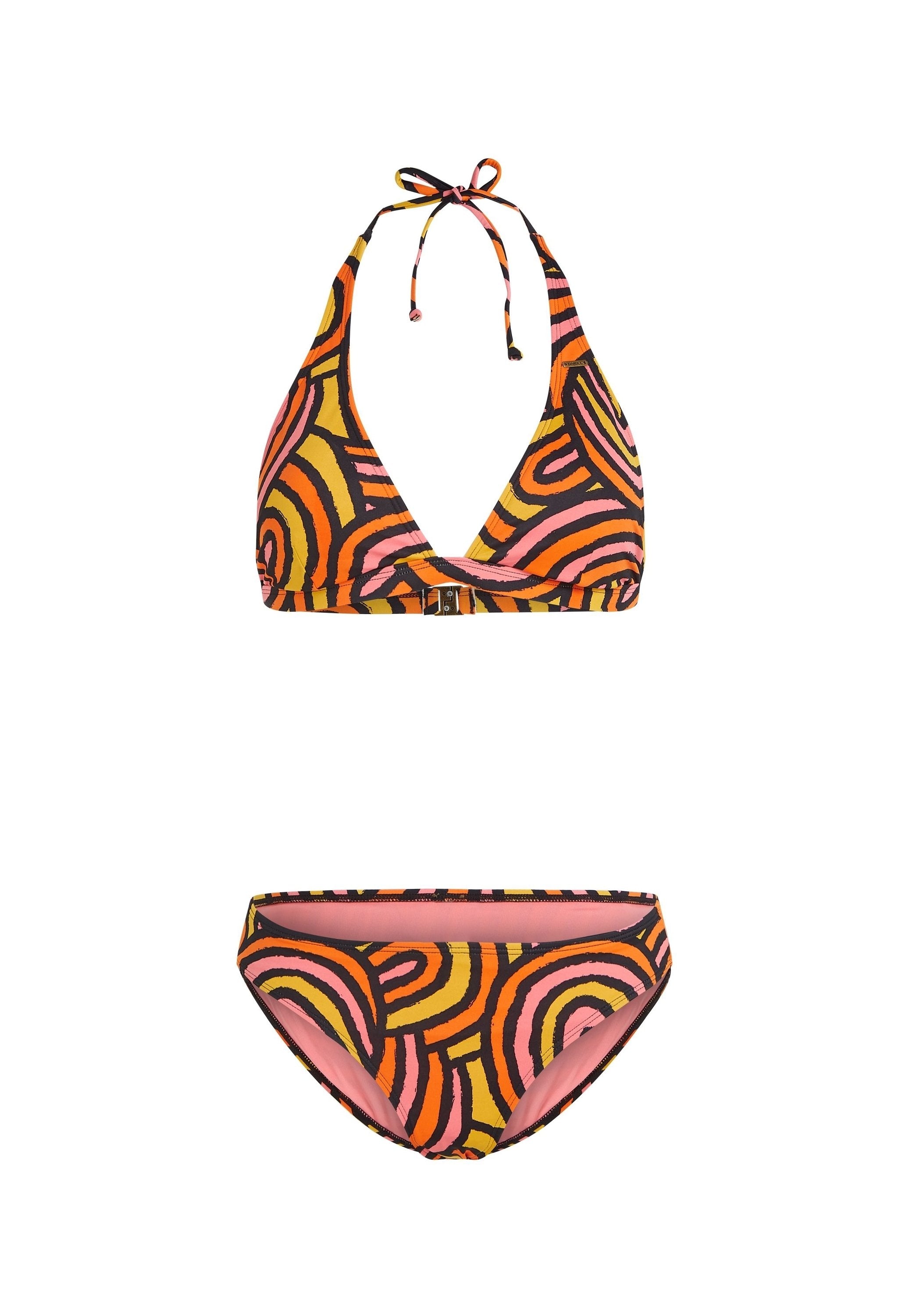 Bikini-Set mit einem mehrfarbigen Wirbelmuster in Orange, Pink und Schwarz. Oberteil mit Halterverschluss und verstellbaren Bändern; Bikinihosen mit passendem Design.