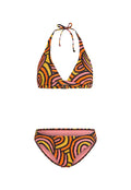 Bikini-Set mit einem mehrfarbigen Wirbelmuster in Orange, Pink und Schwarz. Oberteil mit Halterverschluss und verstellbaren Bändern; Bikinihosen mit passendem Design.