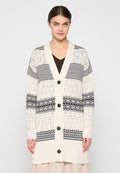 Strickcardigan in Creme mit schwarzen geometrischen Mustern, geripptem Saum und großen dunklen Knöpfen. Lockere Passform mit offenem Frontdesign.