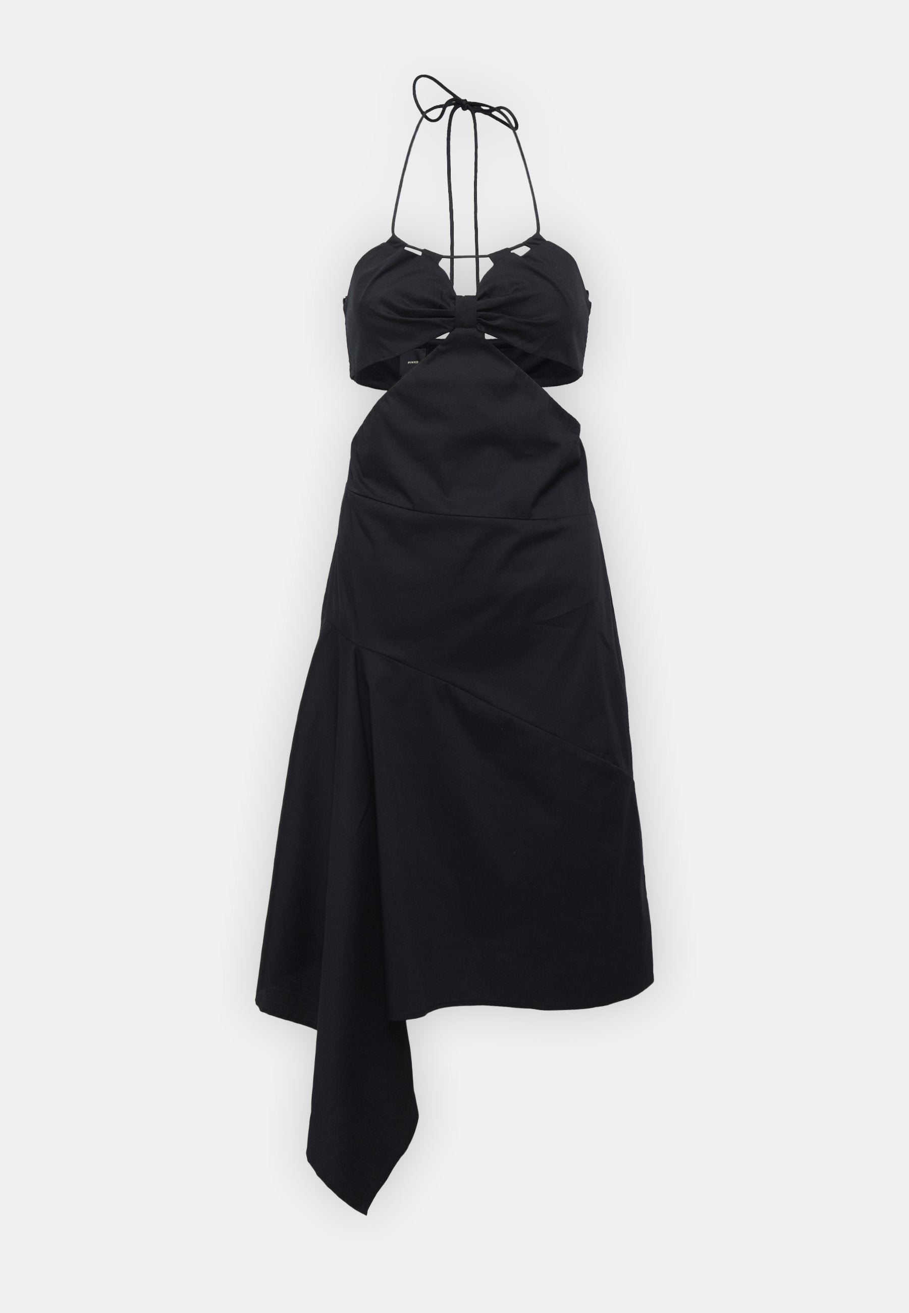 Schwarzes Kleid mit strukturiertem Oberteil, Halterneck-Trägern, Cut-Out-Details und unregelmäßigem Saum mit drapierter Rückseite.