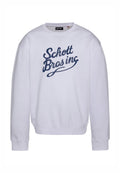 Weißes Sweatshirt mit Rundhalsausschnitt, langen Ärmeln und gerippten Bündchen. Vorderseite mit einem dunkelblauen, kursiven "Schott Bros inc"-Logo.