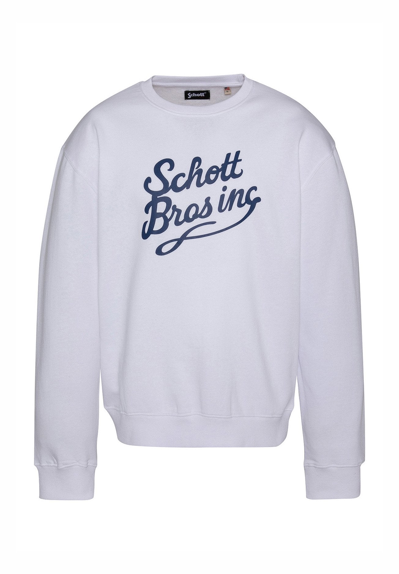 Weißes Sweatshirt mit Rundhalsausschnitt, langen Ärmeln und gerippten Bündchen. Vorderseite mit einem dunkelblauen, kursiven "Schott Bros inc"-Logo.