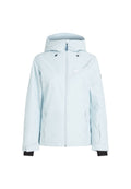 Hellblauer Ski-Jacke mit einem Reißverschluss auf der Vorderseite, verstellbarem Kapuze, Seitentaschen und schwarzen Akzenten an den Ärmelbündchen. Besitzt ein LOGO-Detail auf der Brust.