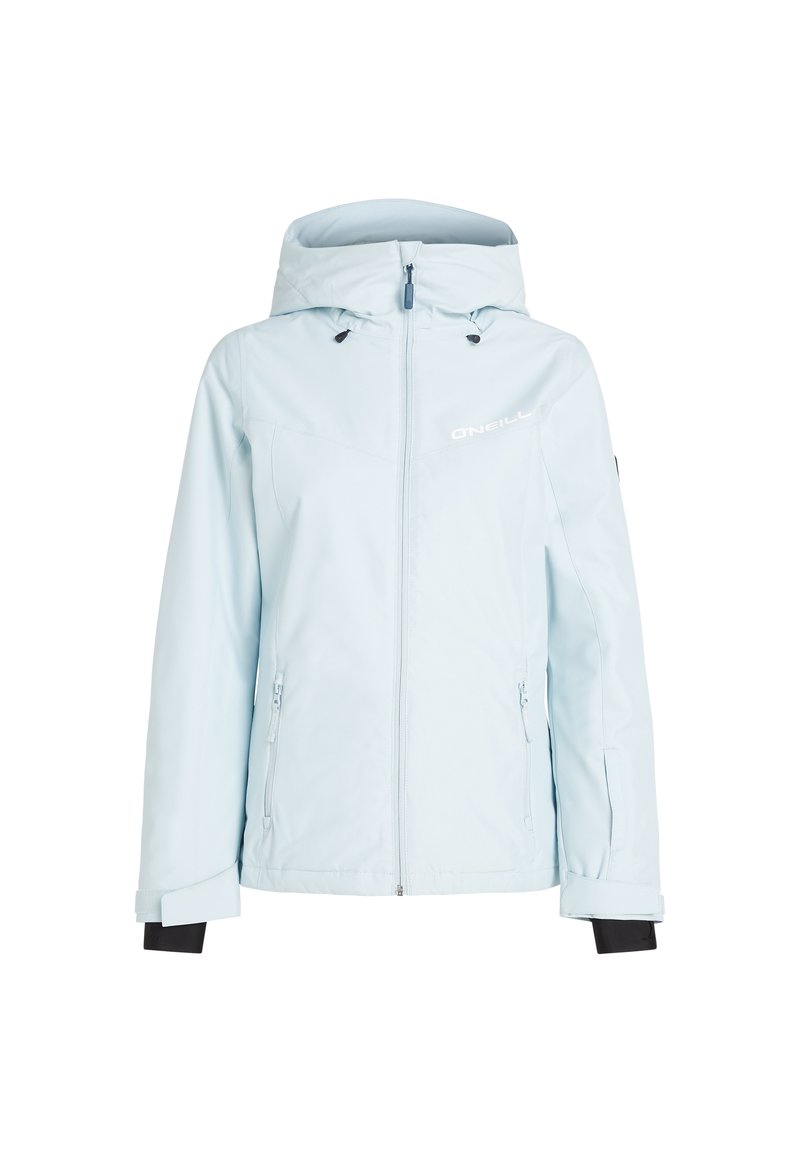 Hellblauer Ski-Jacke mit einem Reißverschluss auf der Vorderseite, verstellbarem Kapuze, Seitentaschen und schwarzen Akzenten an den Ärmelbündchen. Besitzt ein LOGO-Detail auf der Brust.
