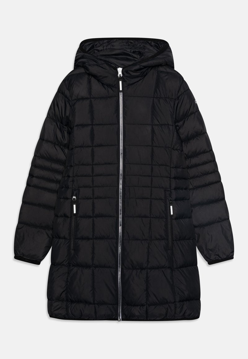 Schwarze Daunenjacke mit Kapuze, ausgestattet mit einem gesteppten Design, Vorderreißverschluss und Seitentaschen. Glatte Textur, leichtes Material.