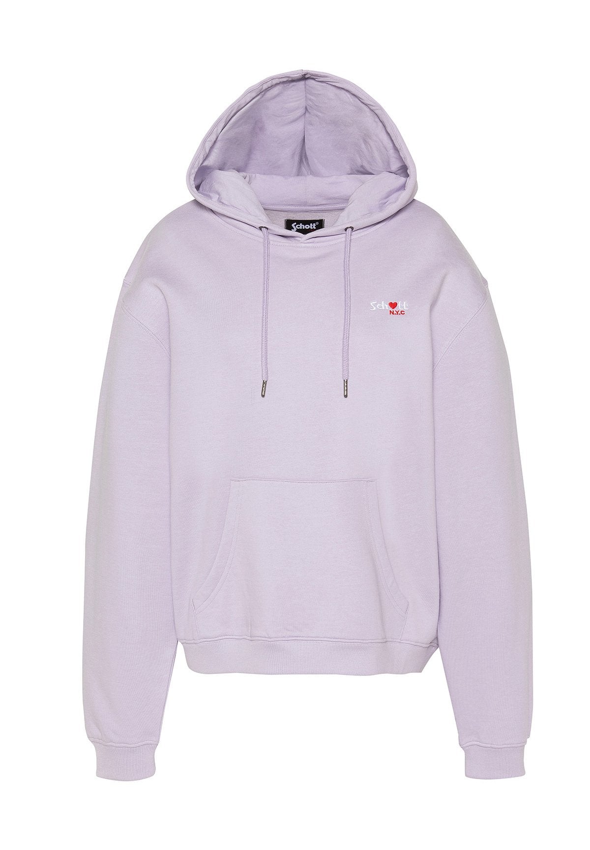 Hellviolette Kapuzenjacke mit Fronttasche, Kordelzügen und kleinem "Schott N.Y.C"-Logo mit rotem Herz auf der Brust.