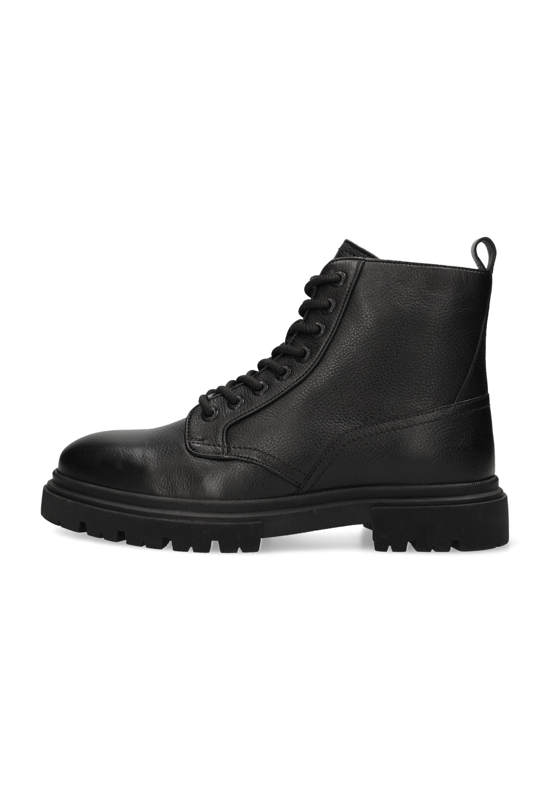 Schwarze Leder-Stiefeletten mit strukturiertem Obermaterial, runder Spitze, Schnürung vorne und einer dicken, robusten Sohle. Mit einer Schlaufe an der Ferse.