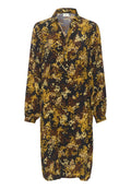Langärmliges Hemdblusenkleid mit schwarzem Hintergrund und gelb-braunen Blumenmustern. Weicher Stoff mit lockerer Passform.