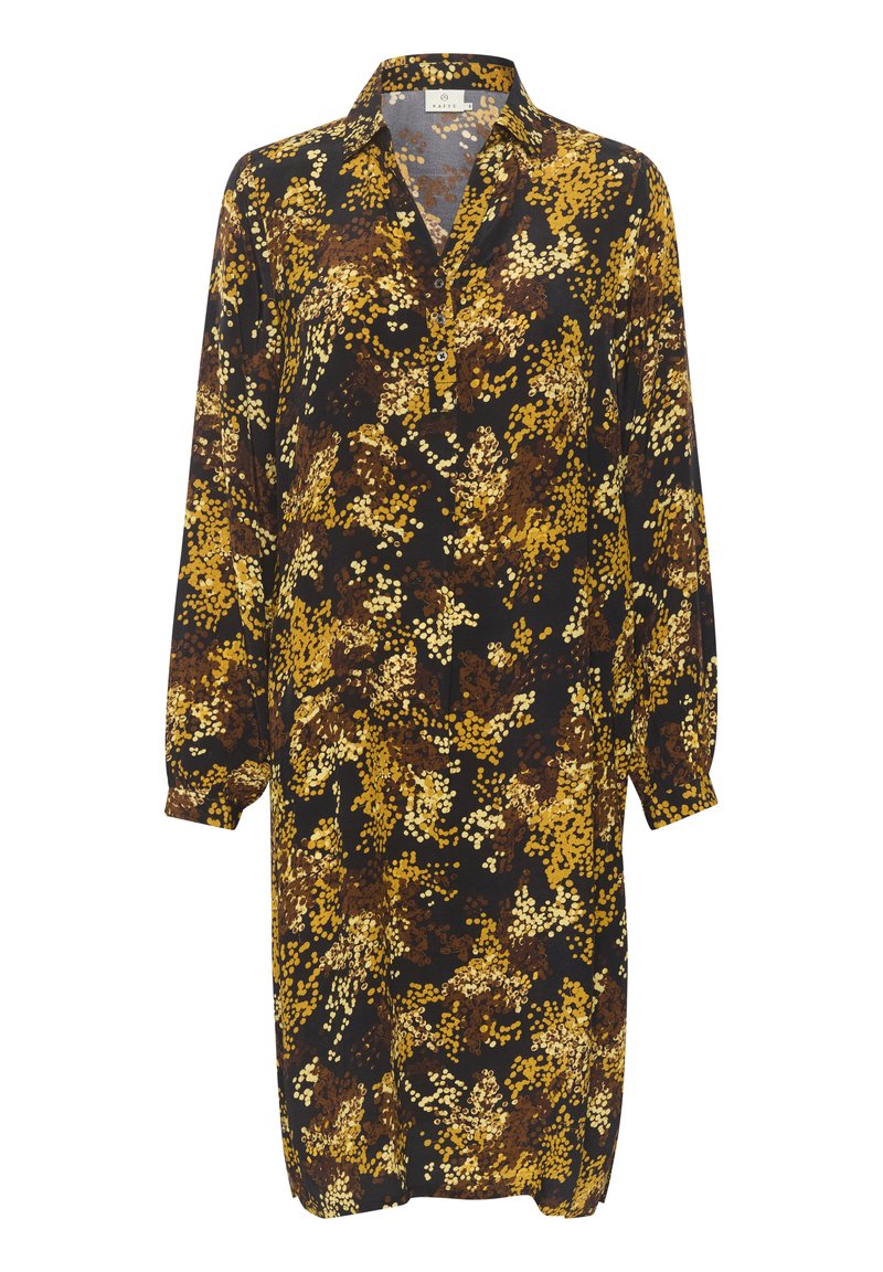 Langärmliges Hemdblusenkleid mit schwarzem Hintergrund und gelb-braunen Blumenmustern. Weicher Stoff mit lockerer Passform.