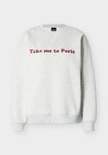 Hellgraues Sweatshirt mit Rundhalsausschnitt und burgunderrotem Text "Take me to Paris" mittig auf der Vorderseite, mit gerippten Bündchen und Saum.