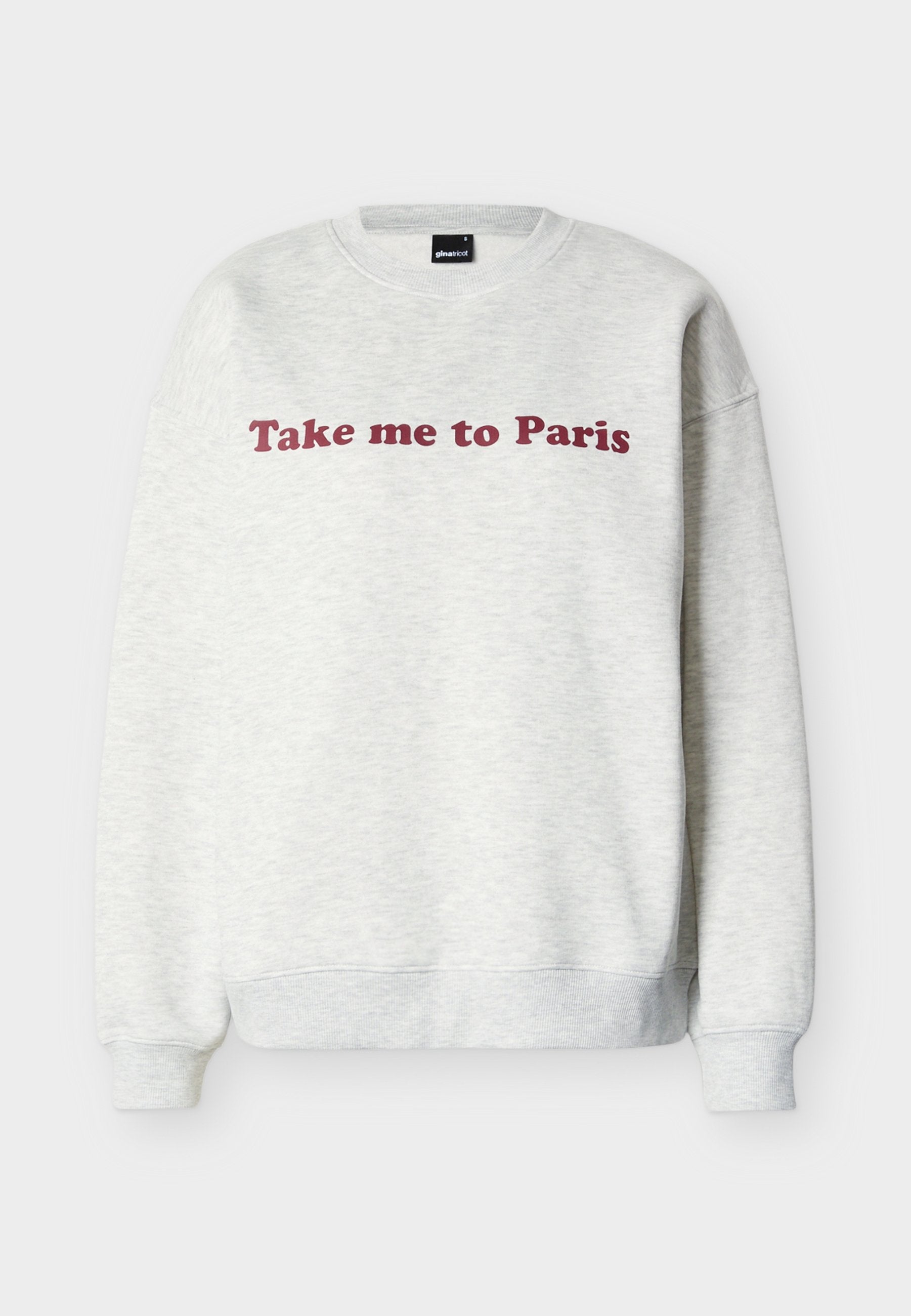 Hellgraues Sweatshirt mit Rundhalsausschnitt und burgunderrotem Text "Take me to Paris" mittig auf der Vorderseite, mit gerippten Bündchen und Saum.