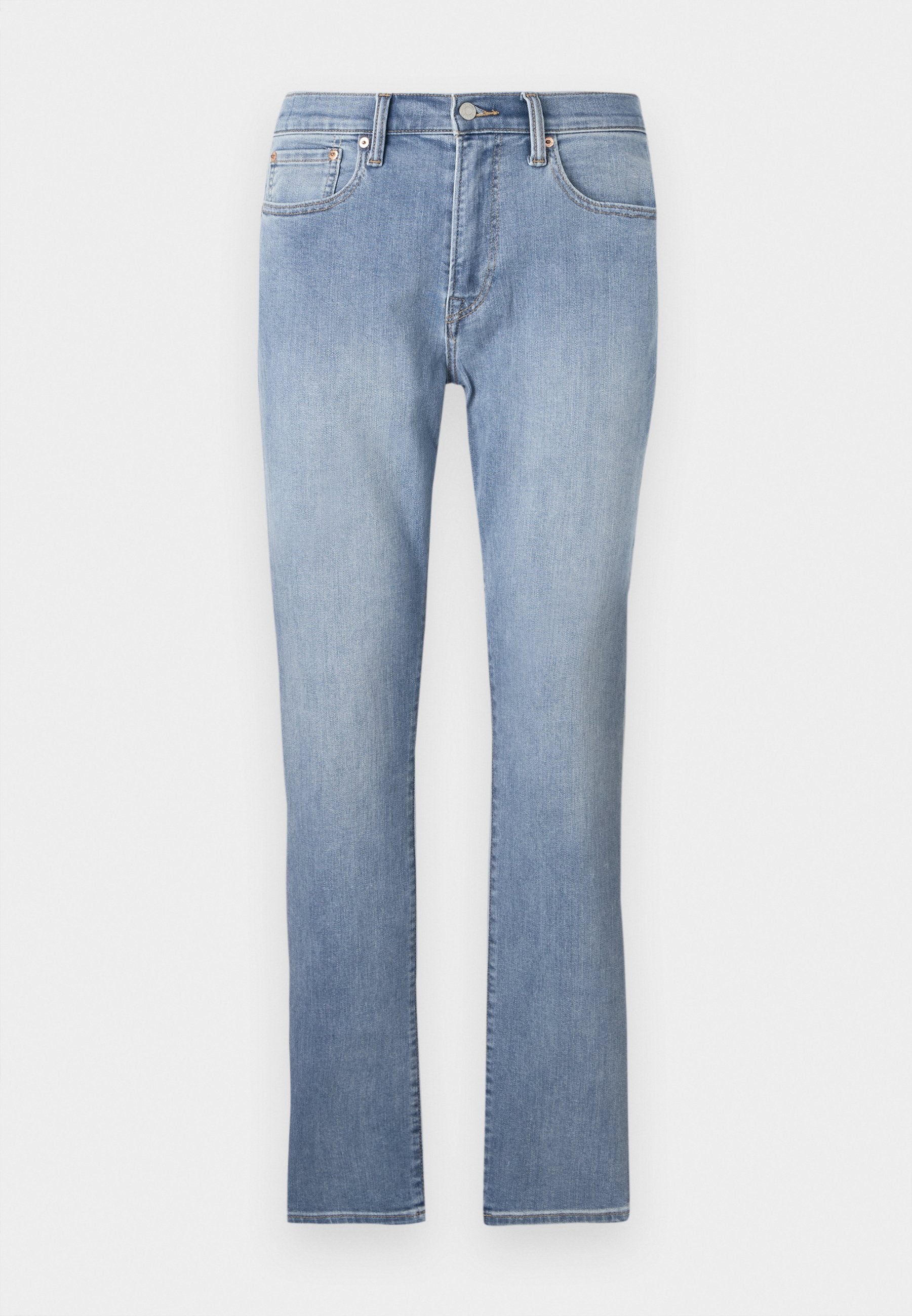 Blaue Denim-Jeans mit geradem Bein, ausgestattet mit einem Reißverschluss, fünf Taschen und ausbleichenden Details an den Oberschenkeln.