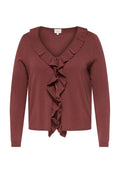 Rosenbraune Strickjacke mit langen Ärmeln, V-Ausschnitt und Rüschendetails entlang des Halsausschnitts und der vorderen Öffnung.