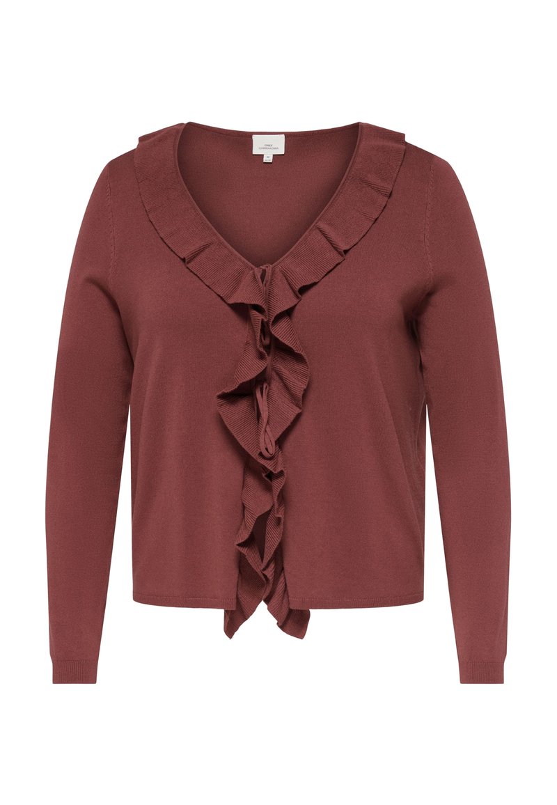 Rosenbraune Strickjacke mit langen Ärmeln, V-Ausschnitt und Rüschendetails entlang des Halsausschnitts und der vorderen Öffnung.