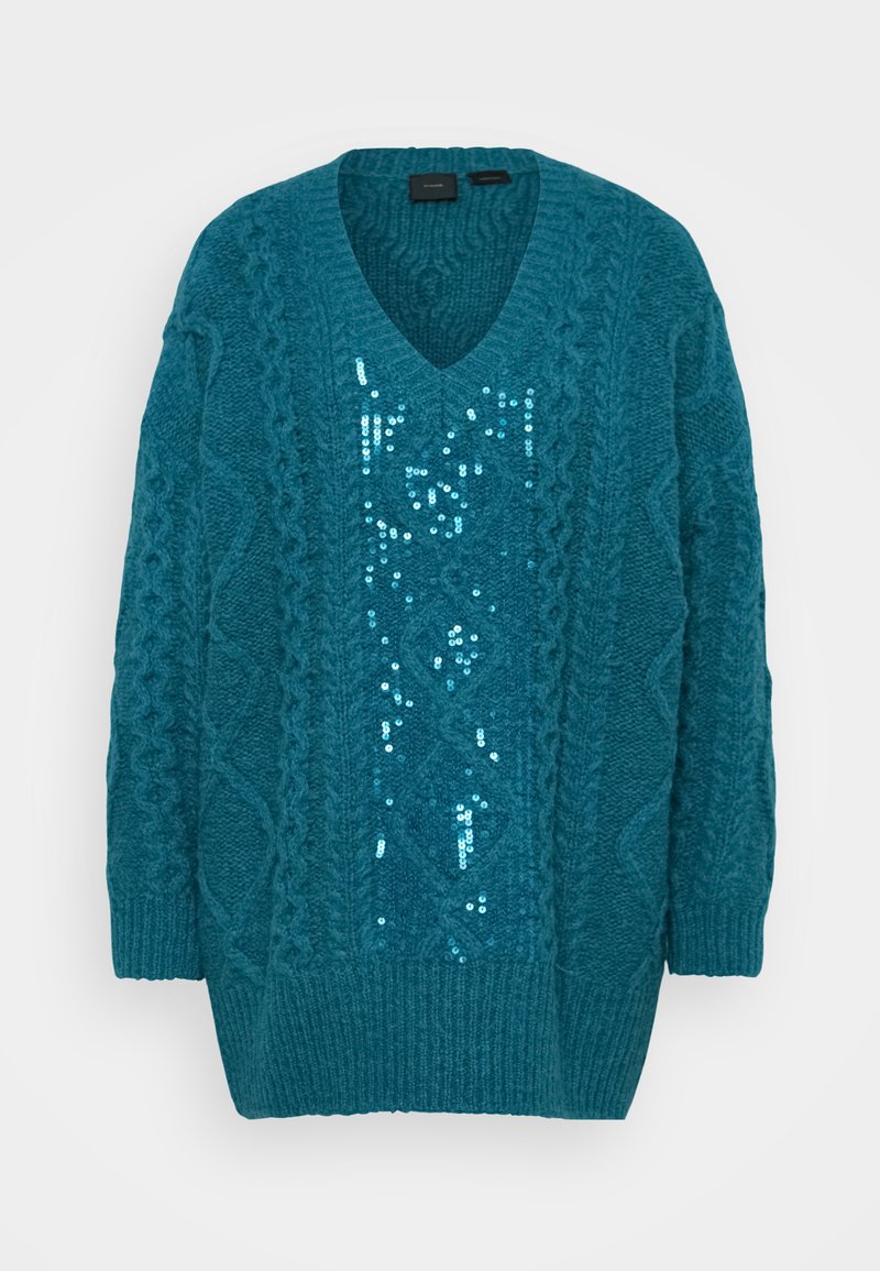 Tiefgrüner Strickpullover mit V-Ausschnitt, ausgestattet mit einem strukturierten Zopfmuster und einem mit Pailletten besetzten Vorderteil für zusätzliche Details. Lässiger Schnitt.