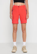 Rote Shorts mit einem elastischen Bund, zwei seitlichen Reißverschlusstaschen und strukturierten Einsätzen am Saum. Das Material wirkt leicht und atmungsaktiv.