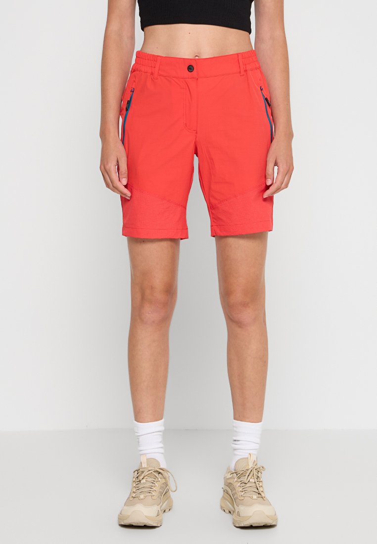Rote Shorts mit einem elastischen Bund, zwei seitlichen Reißverschlusstaschen und strukturierten Einsätzen am Saum. Das Material wirkt leicht und atmungsaktiv.