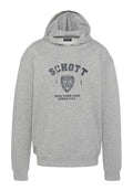 Graue Kapuzensweatshirt mit Fronttasche, Kordelzügen und navyfarbener Schrift "SCHOTT", Emblem und "New York City Since 1913" auf der Brust.