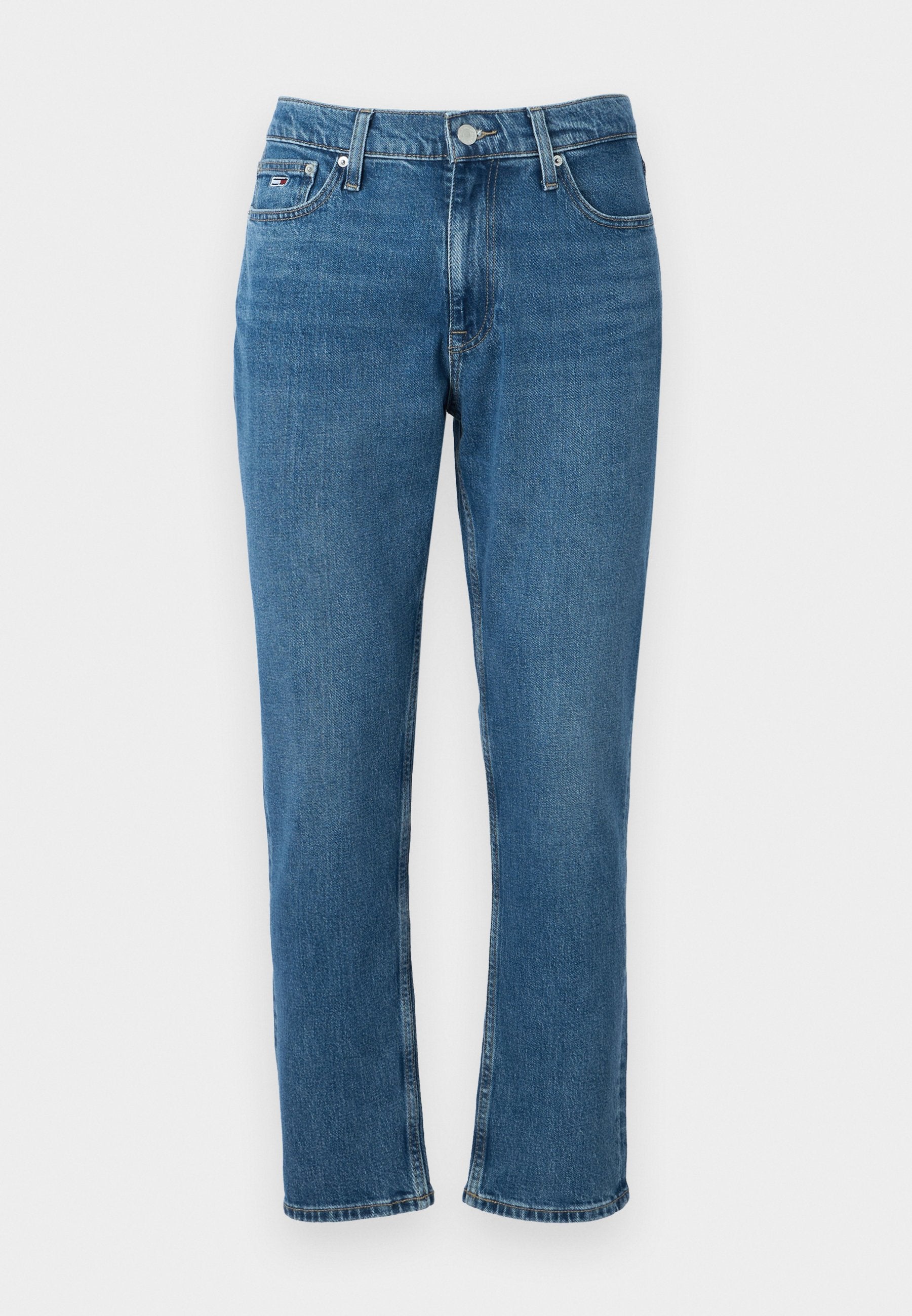 Blaue Jeans aus Denim mit geradem Bein, fünf Taschen, einem Metallknopfverschluss und einem ausgebleichten Look. Verfügt über dezente Nähte.