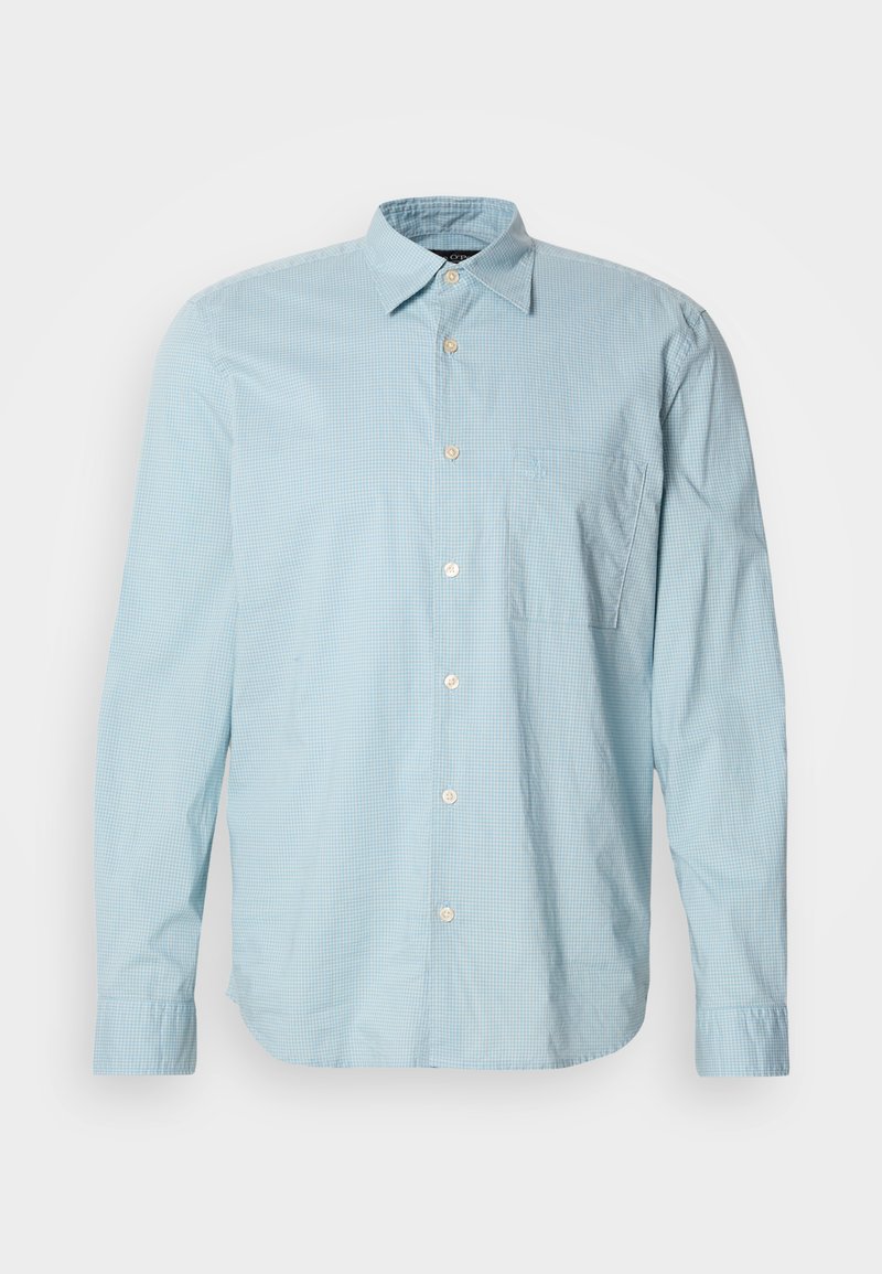 Helles blau karierter Langarmshirt mit Button-Down-Kragen, Brusttasche und weißen Knöpfen. Hergestellt aus einem glatten Stoff.