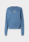Blauer Rundhalsausschnitt Sweatshirt aus weichem Stoff. Es hat ein grafisches Design auf der Vorderseite mit Text und Sonnenmotiven auf den Ärmeln.