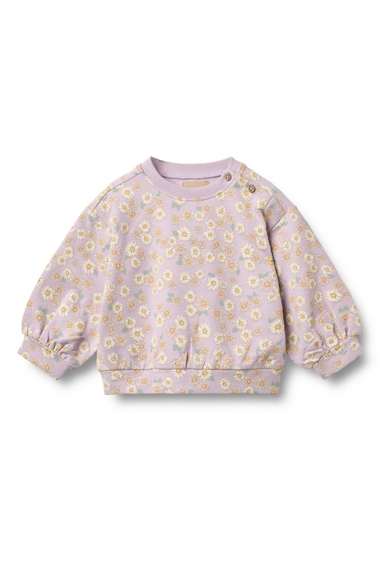 Fliederfarbenes Sweatshirt mit durchgehendem weißen und gelben Gänseblümchenmuster, rundem Ausschnitt, gerafften Ärmeln und Druckknopfdetails an der Schulter. Weicher Stoff.