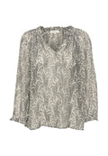 Leichte Bluse in Creme und Schwarz, mit floralem Muster, V-Ausschnitt und langen Ärmeln mit elastischen Bündchen. Weicher, fließender Stoff.