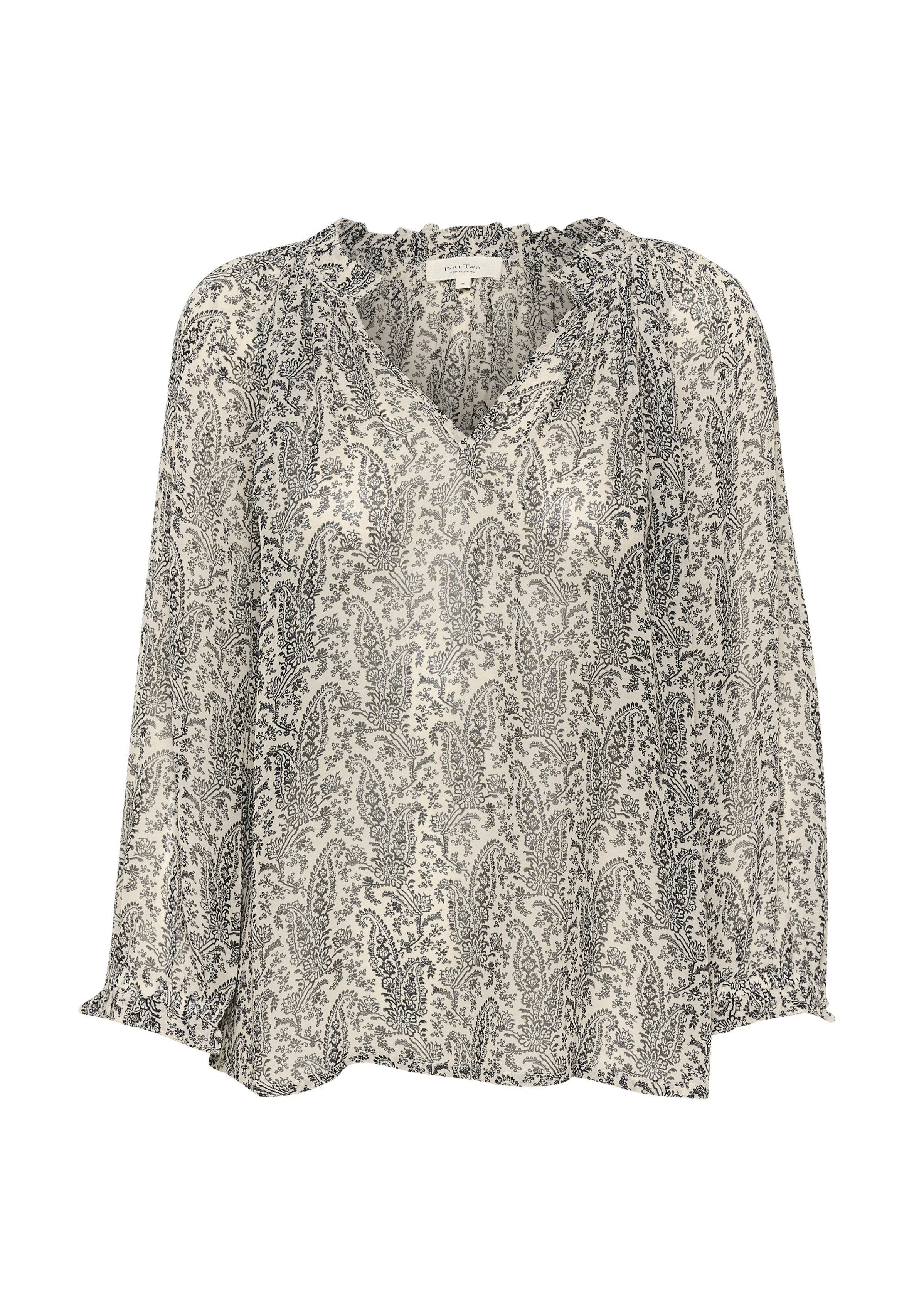 Leichte Bluse in Creme und Schwarz, mit floralem Muster, V-Ausschnitt und langen Ärmeln mit elastischen Bündchen. Weicher, fließender Stoff.