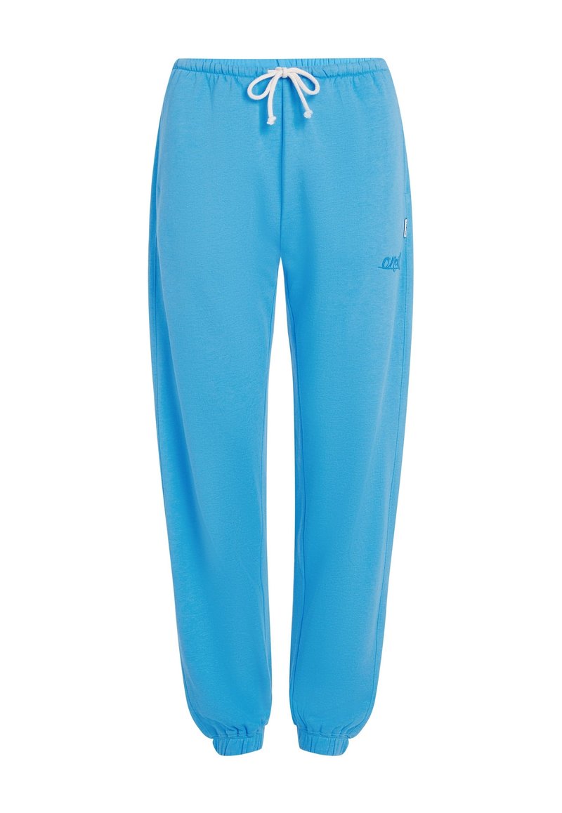 Blaue Jogginghosen aus weichem Stoff, mit einem elastischen Bund und verstellbarem Kordelzug sowie elastischen Bündchen an den Knöcheln.