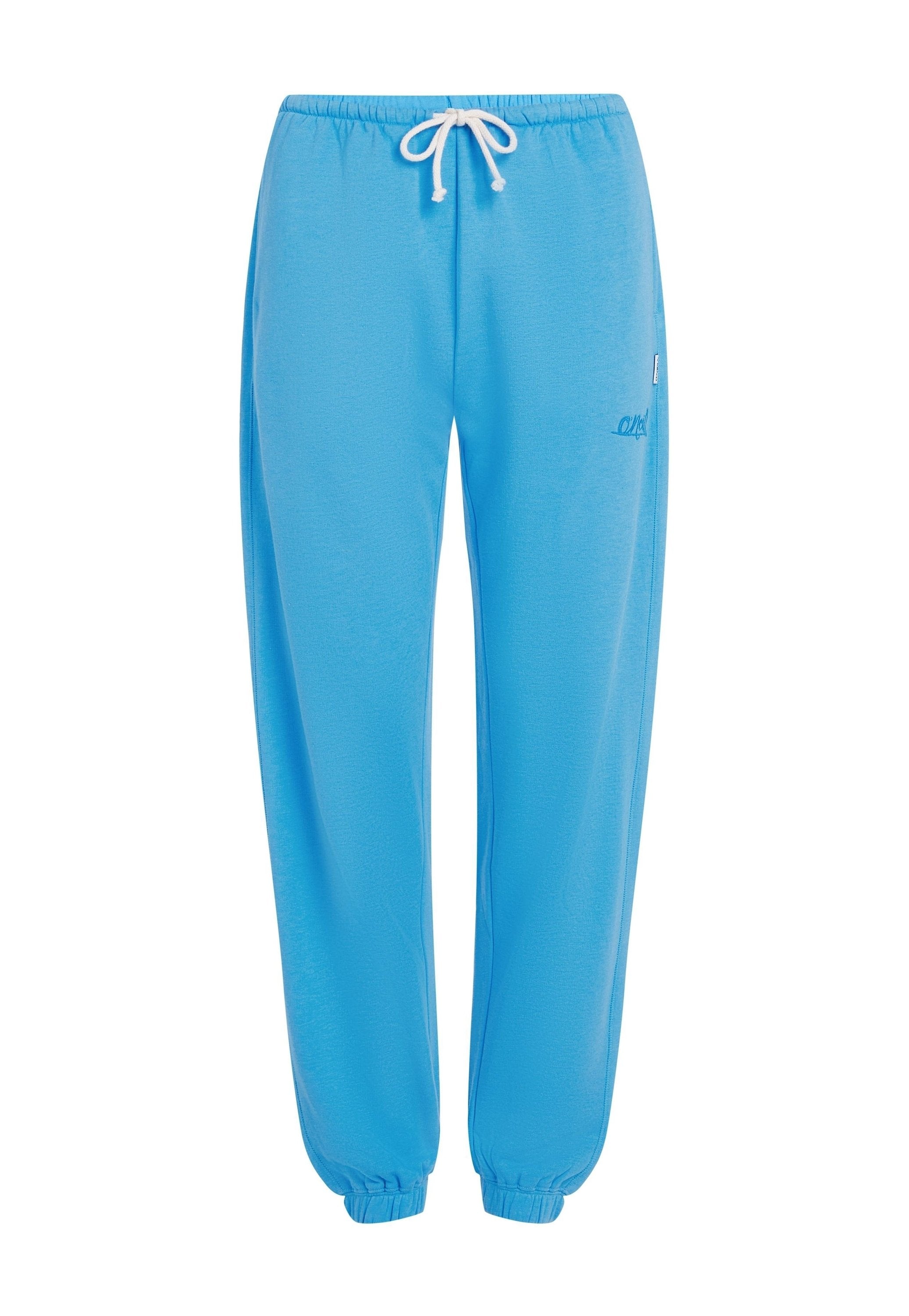 Blaue Jogginghosen aus weichem Stoff, mit einem elastischen Bund und verstellbarem Kordelzug sowie elastischen Bündchen an den Knöcheln.