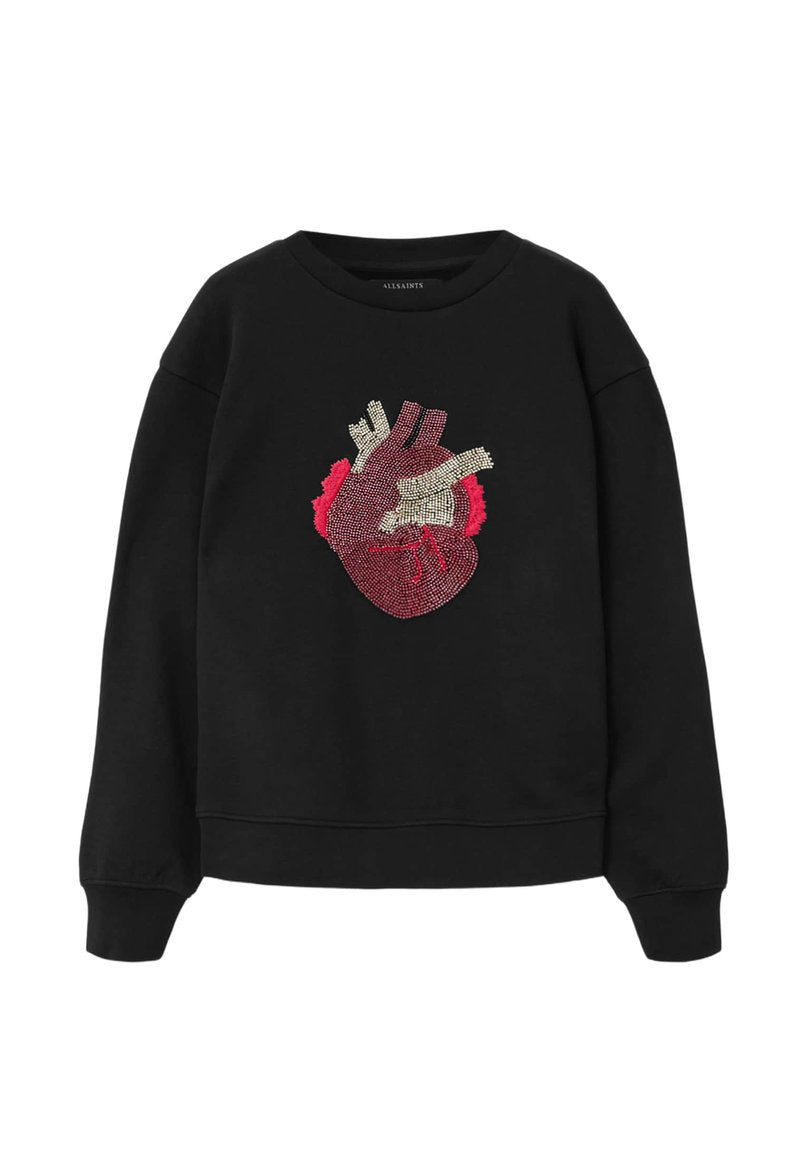 Schwarzes Sweatshirt mit Rundhalsausschnitt und einem detaillierten anatomischen Herzdesign in Rot und Weiß auf der Vorderseite.
