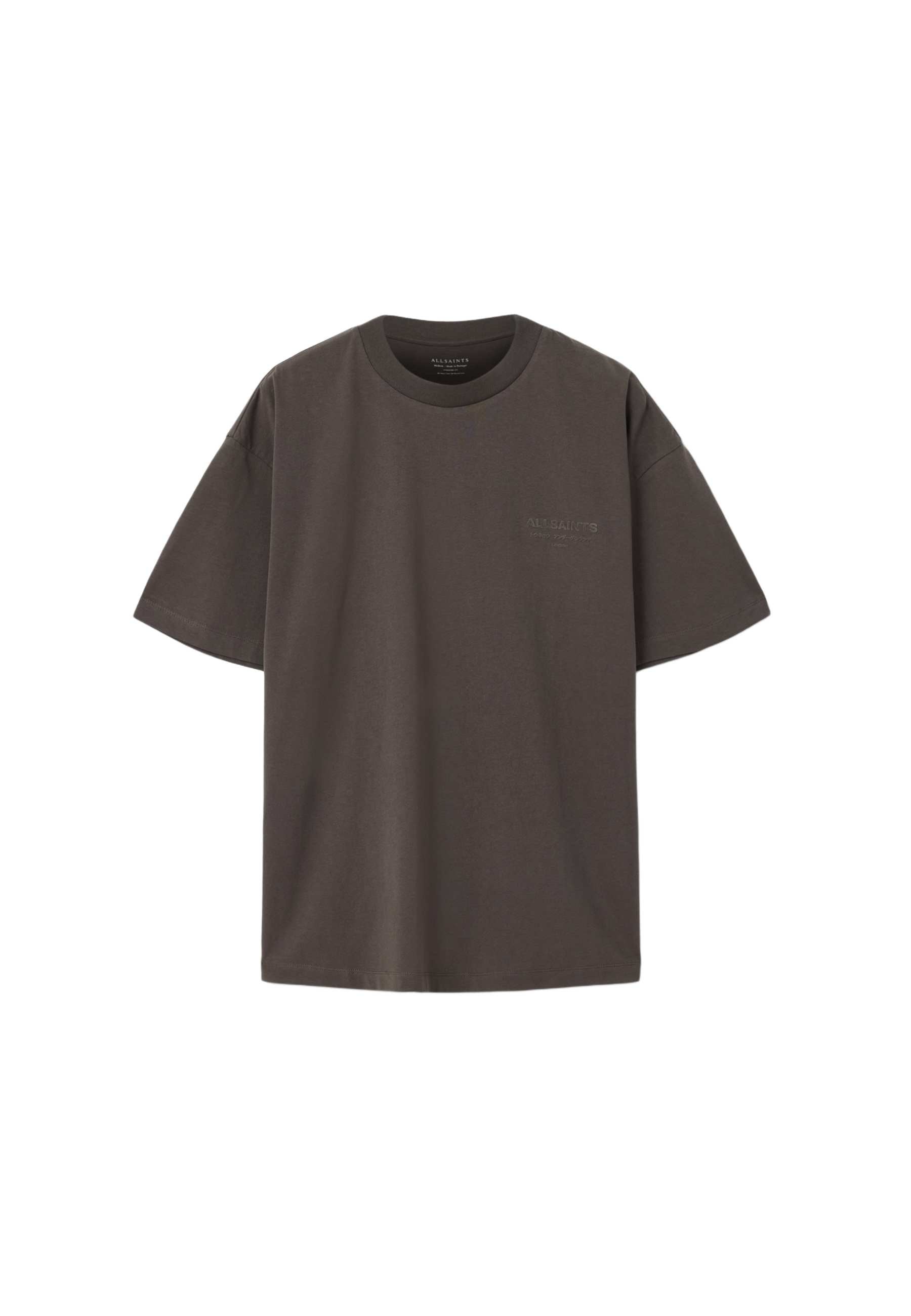 Dunkelbraunes T-Shirt mit kurzen Ärmeln und Rundhalsausschnitt mit dezentem Logo auf der linken Brust, dargestellt auf weißem Hintergrund.