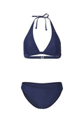Marineblaues Bikini-Set mit einem dreieckigen Haltertop mit Bindebändern und passenden, mittelhohen Bikinislips. Aus glattem, leichtem Material mit minimalen Akzenten.
